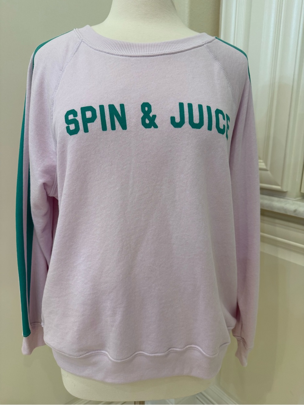 Wildfox Lavender Crewneck with Teal 'SPIN & JUICE' Detail